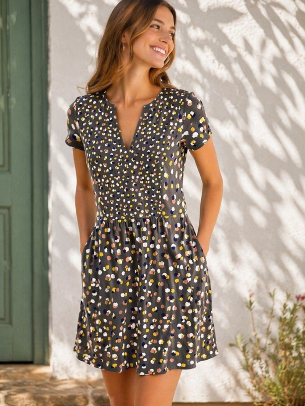 Boden Women 6R gray Floral Emory Jersey Dress Sheath Midi Lined Bodice